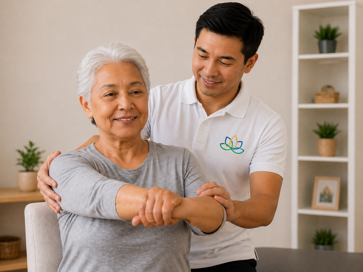 Physiotherapist gently supporting patient's arm during a home care session